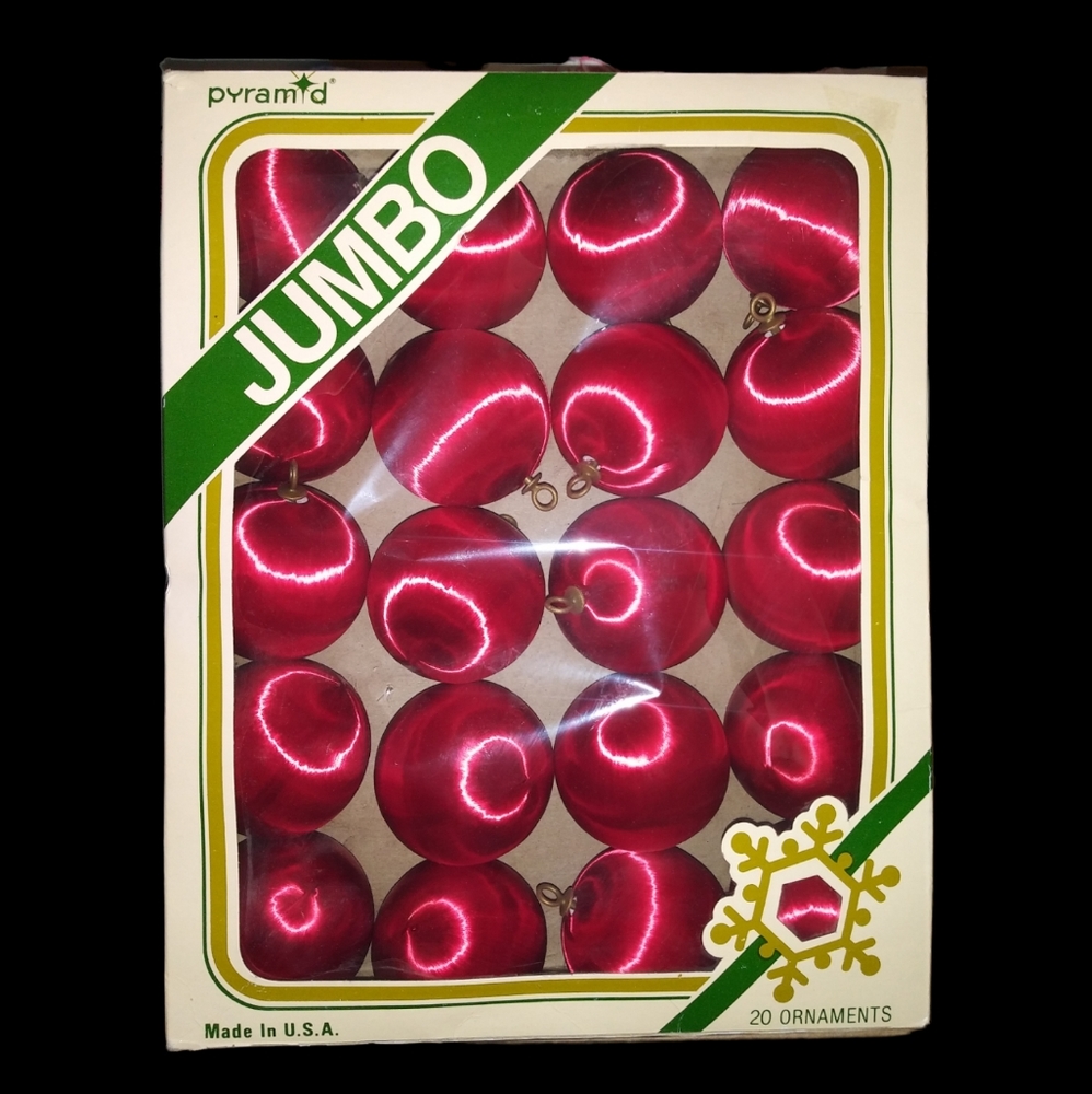 Vintage Pyramid Jumbo Red Satin Sheen Unbreakable Christmas Ornaments Box of 20